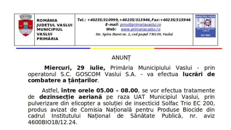 Anunț lucrări de combatere a țânțarilor