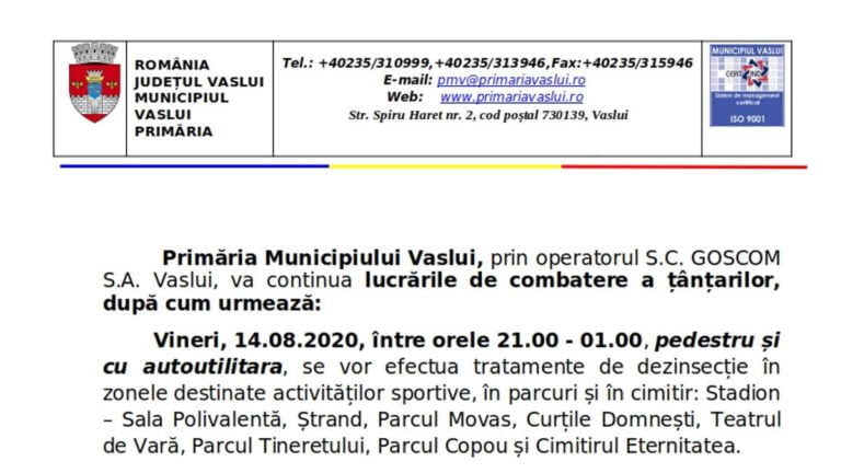 Primăria Municipiului Vaslui: Lucrări de combatere a țînțarilor