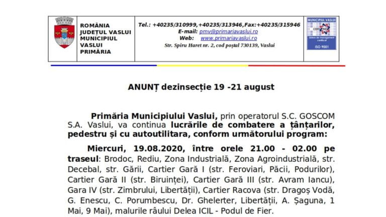 ANUNȚ dezinsecție 19 -21 august