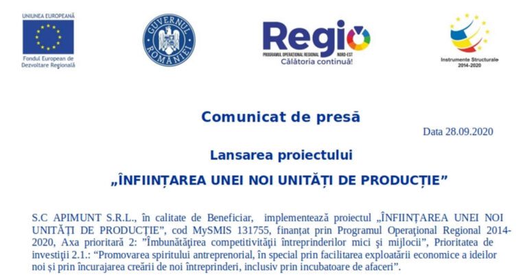 Comunicat de presă APIMUNT: Lansarea proiectului „ÎNFIINȚAREA UNEI NOI UNITĂȚI DE PRODUCȚIE”