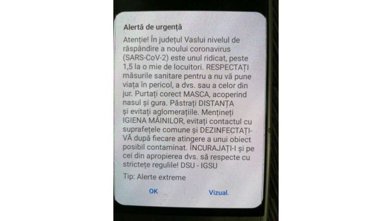 Zeci de mii de telefoane din județul Vaslui au „bubuit”, ieri după-amiază! Mesaj de alertă Covid, de la DSU!