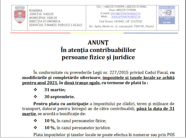 Primăria Municipiului Vaslui: Anunț facilități pentru contribuabilii vasluieni