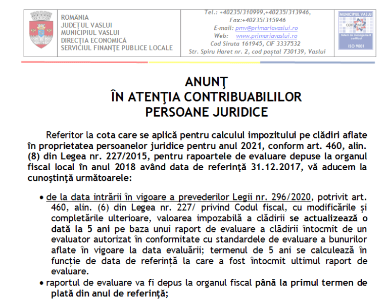 ANUNȚUL PRIMĂRIEI MUN. VASLUI PENTRU CONTRIBUABILI PERSOANE JURIDICE