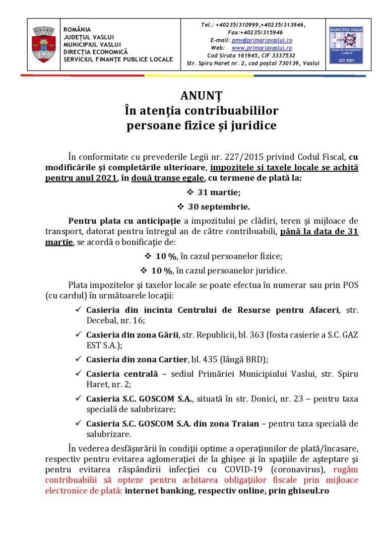 Anunțul Primăriei Municipiului Vaslui despre termenele de plată ale impozitelor locale!