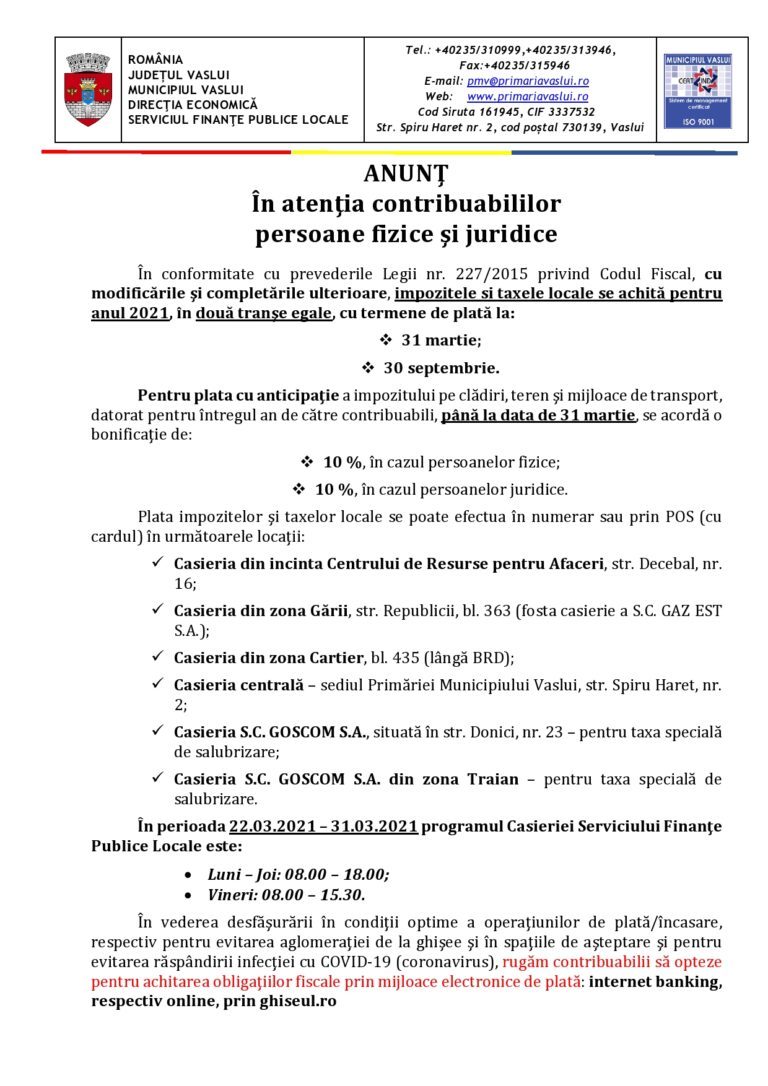 Anunțul Primăriei Vaslui despre termenele de plată ale impozitelor locale! Program prelungit la casierii!
