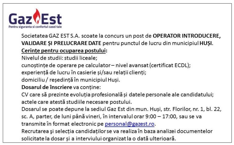 Gaz Est angajează operator date pentru municipiul Huși
