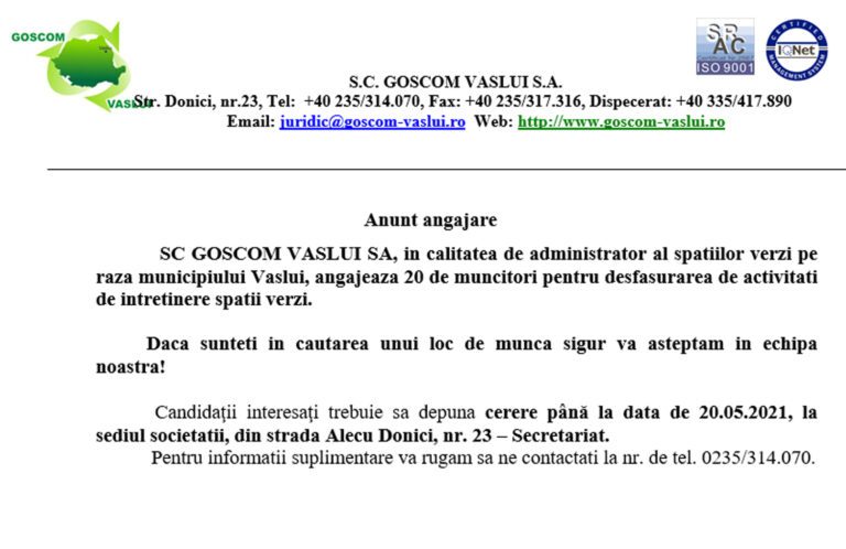 Goscom Vaslui angajează 20 de muncitori! Angajările, până pe 20 mai!