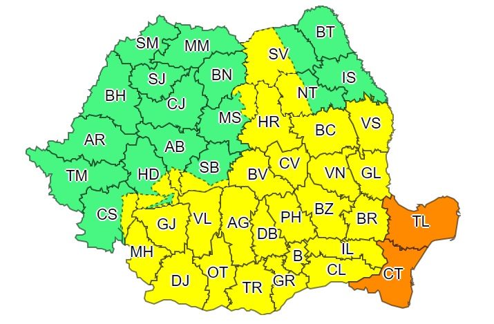 Vasluiul este sub COD GALBEN de ploi, toată ziua de duminică! Sudul țării, COD PORTOCALIU! 2 harta meteo