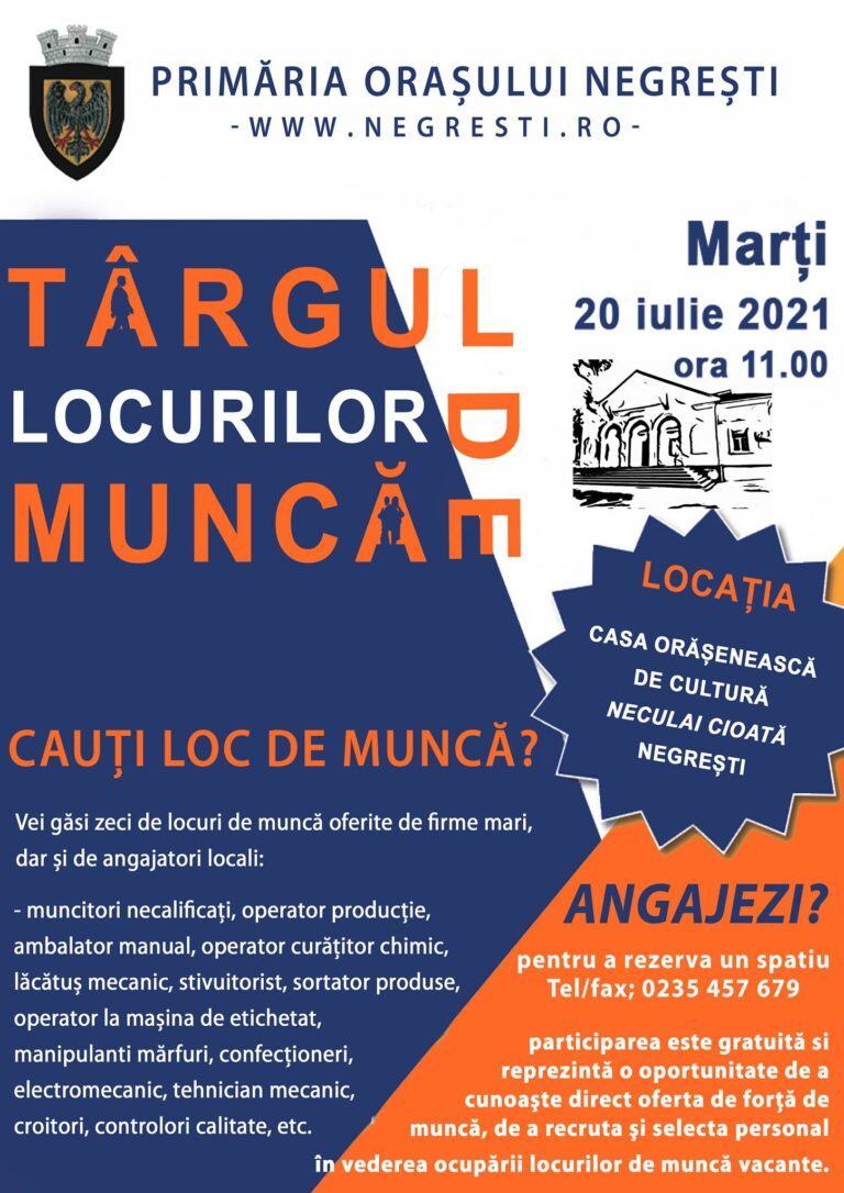 Vești bune pentru negreștenii fără un loc de muncă! Primăria organizează târgul locurilor de muncă