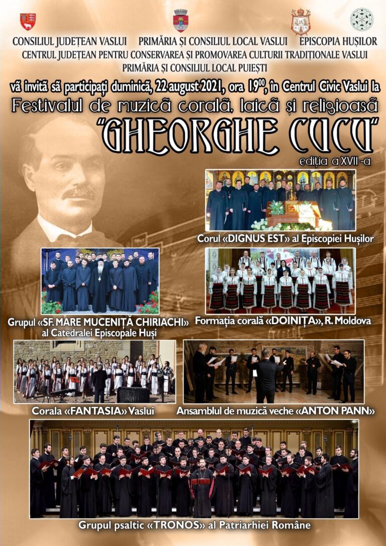 Festivalul de muzică „Gheorghe Cucu”: Grupul Psaltic „Tronos” al Patriarhiei Române, Formația de muzică veche „Anton Pann” și alți invitați de marcă, la Vaslui, pe 22 august 2021