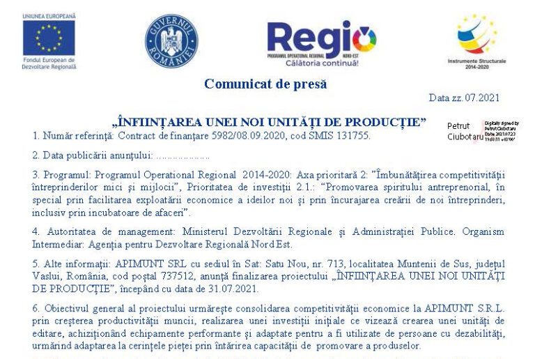 Comunicat de presă: „ÎNFIINȚAREA UNEI NOI UNITĂȚI DE PRODUCȚIE”