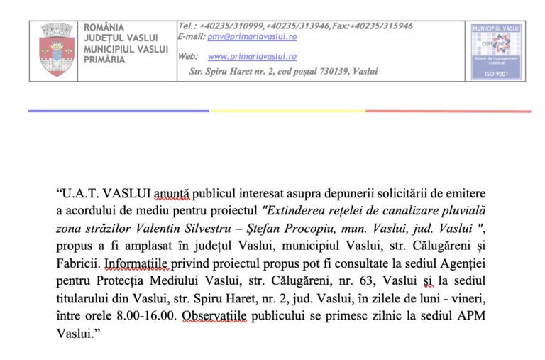 ANUNȚ DE MEDIU – PRIMĂRIA MUNICIPIULUI VASLUI
