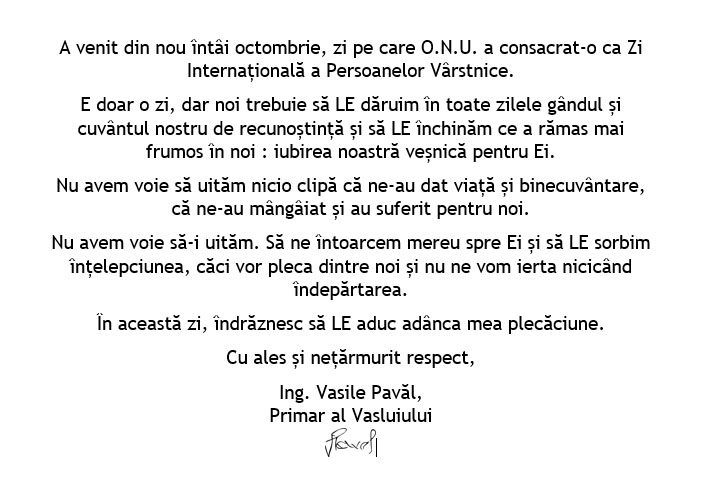 Mesajul primarului Vasile Pavăl cu ocazia Zilei Internaționale a Persoanelor Vârstnice