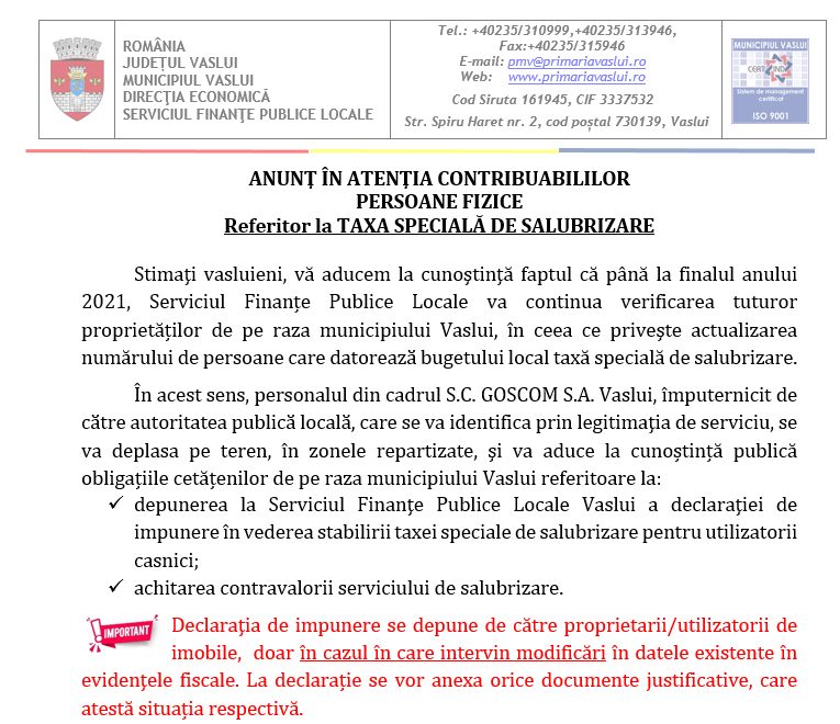 ANUNŢ ÎN ATENŢIA CONTRIBUABILILOR  PERSOANE FIZICE REFERITOR LA TAXA SPECIALĂ DE SALUBRIZARE