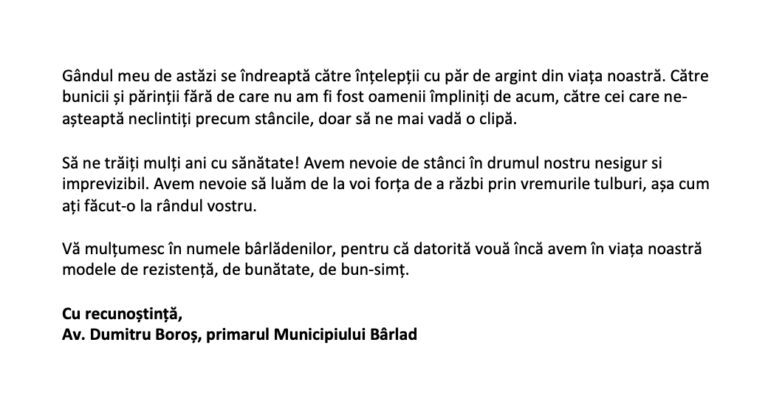 Mesajul primarului Dumitru Boroș cu ocazia Zilei Internaționale a Persoanelor Vârstnice