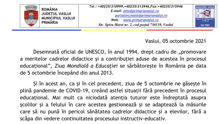 Mesajul primarului municipiului Vaslui, ing.Vasile Pavăl, cu prilejul Zilei Mondiale a Educației