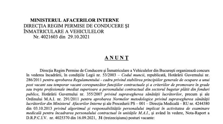 ANUNȚ – DIRECȚIA REGIM PERMISE DE CONDUCERE ȘI ÎNMATRICULARE A VEHICULELOR