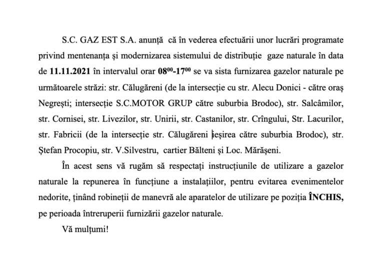 ANUNȚ S.C. GAZ EST S.A. – LUCRĂRI MUN. VASLUI, 11 NOIEMBRIE 2021
