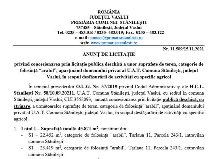 ANUNŢ DE LICITAŢIE – PRIMĂRIA COMUNEI STĂNILEȘTI