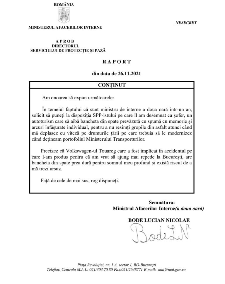 GLUMĂ SAU REALITATE? Cerere bizară, pe rețelele de socializare, a ministrului Bode. Acesta cere ca mașina sa să fie dotată cu banchetă din spumă cu memorie