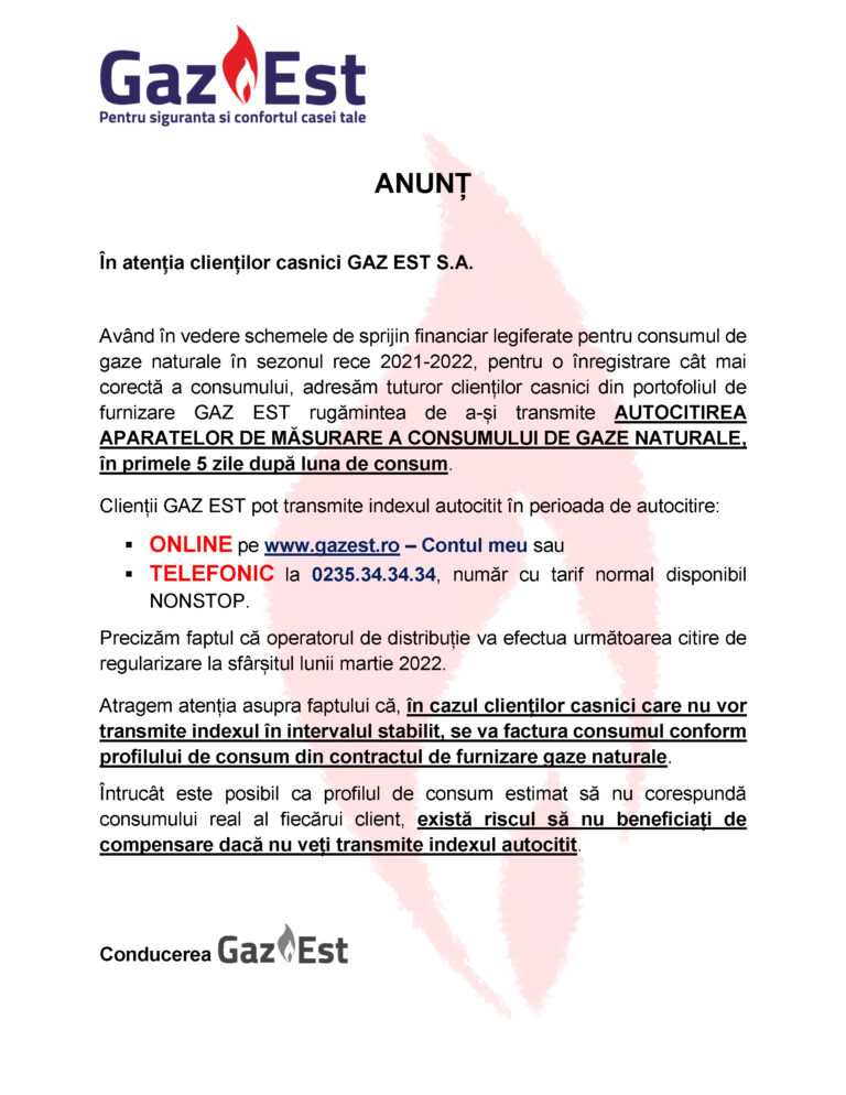 Anunț în atenția clienților casnici GAZ EST S.A