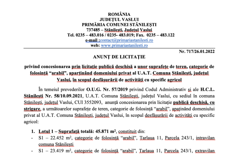 ANUNȚ DE LICITAȚIE