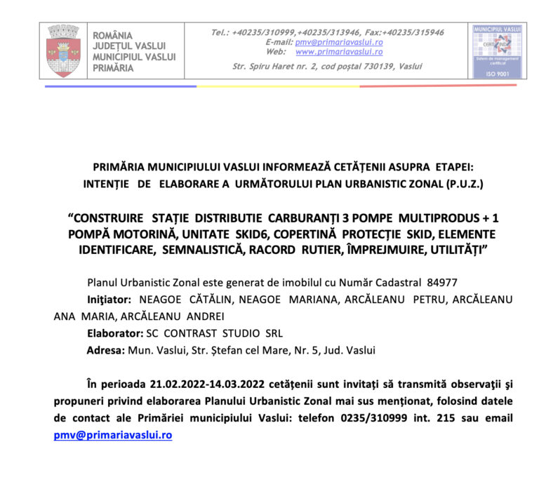ANUNȚ – PLAN URBANISTIC ZONAL