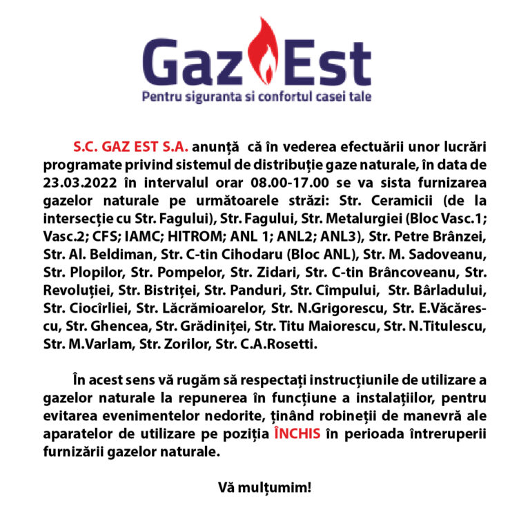 ANUNȚ GAZ EST