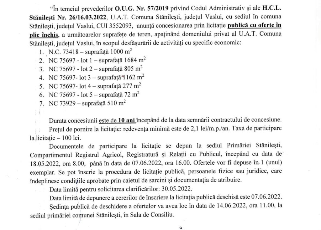 ANUNŢ DE LICITAŢIE 1 Adresa publicare anunț Stănilești Page 1 01