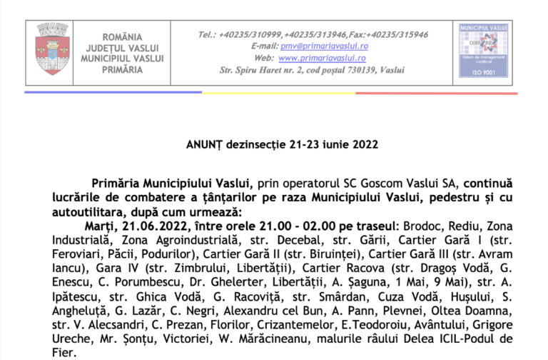 ANUNT privind lucrari de combatere a tantarilor