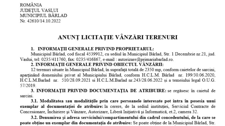 ANUNȚ LICITAȚIE VÂNZARI TERENURI