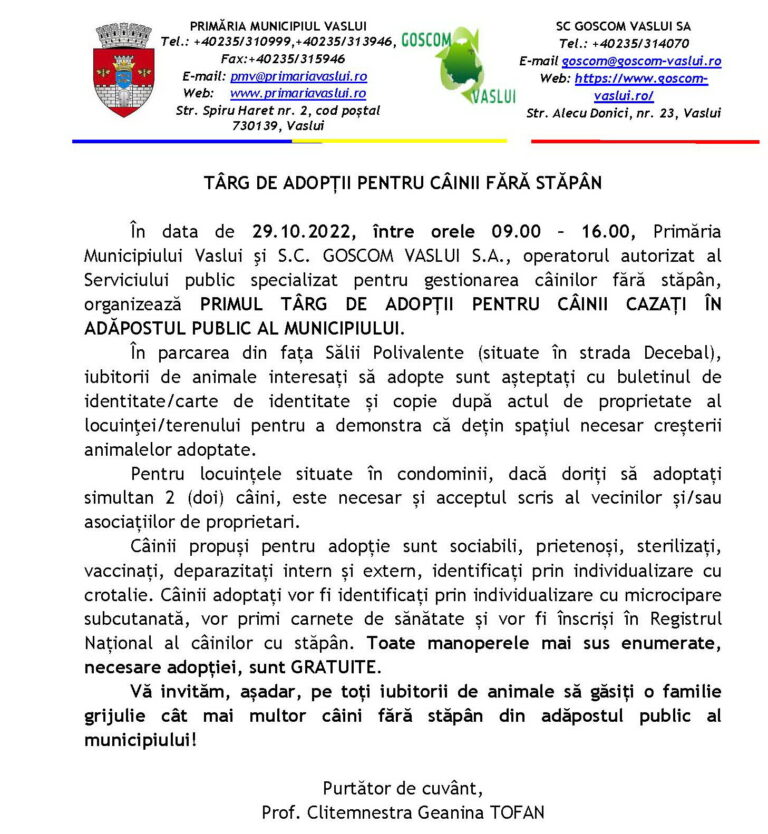 ANUNȚ TÂRG DE ADOPȚII PENTRU CÂINII FĂRĂ STĂPÂN