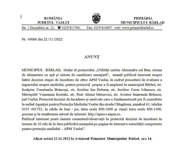 ANUNȚ MEDIU PRIMĂRIA BÂRLAD – PROIECT UTILITĂȚI CARTIER ALEXANDRU CEL BUN