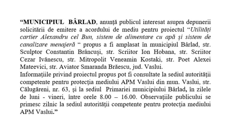 Anunț de Mediu Primăria Bârlad Utilități Cartier Alexandru cel Bun