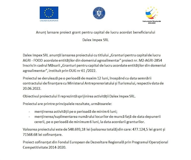 ANUNȚ LANSARE PROIECT GRANT CAPITAL DE LUCRU – DALEX IMPEX SRL