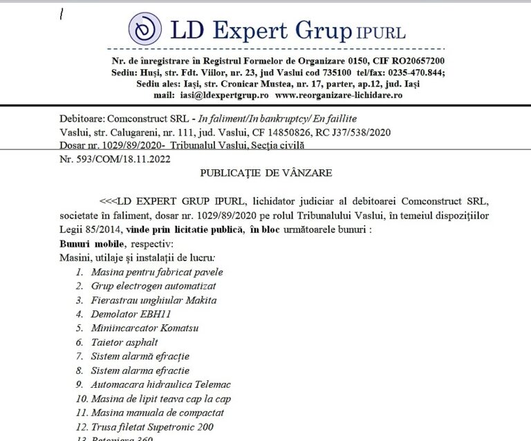 ANUNȚ LD EXPERT GRUP IPURL – COMCONSTRUCT SRL