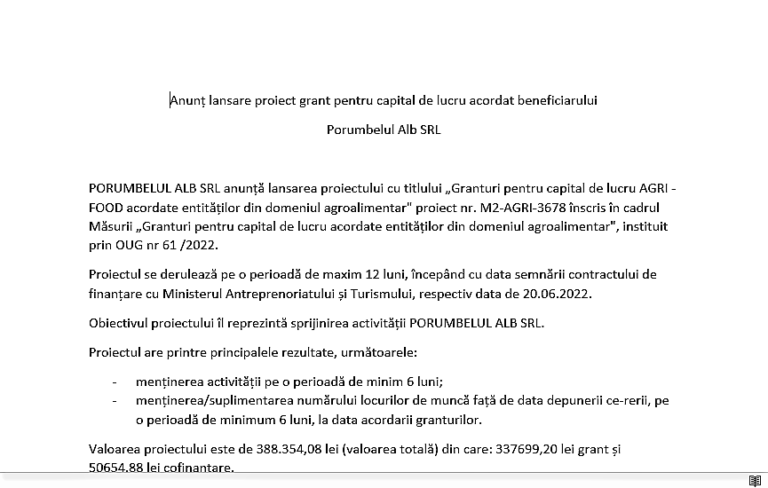 ANUNȚ LANSARE PROIECT GRANT PENTRU CAPITALUL DE LUCRU – PORUMBELUL ALB SRL