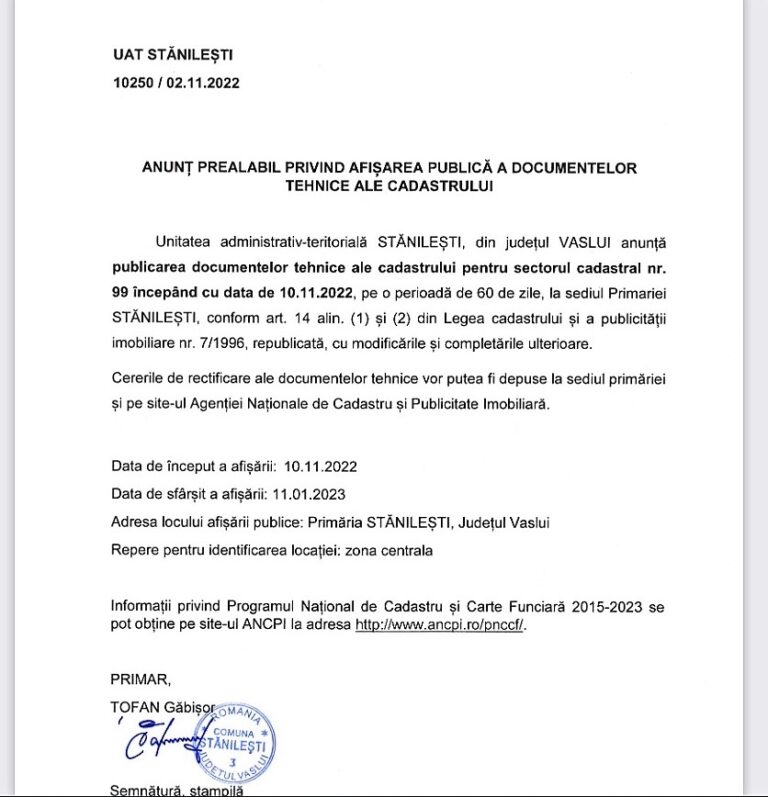 ANUNȚ PRIMĂRIA STĂNILEȘTI DOCUMENTE SECTOR CADASTRAL 99