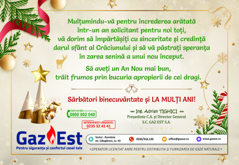 Mesaj Ing. Adrian Tighici, președinte C.A. și director general S.C. GAZ EST S.A.
