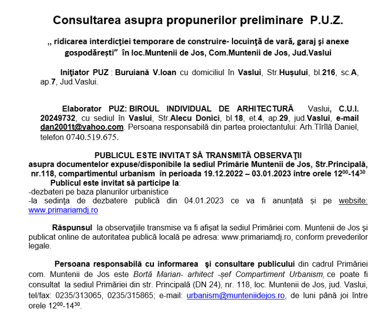 ANUNȚ- Consultarea asupra propunerilor preliminare  P.U.Z.