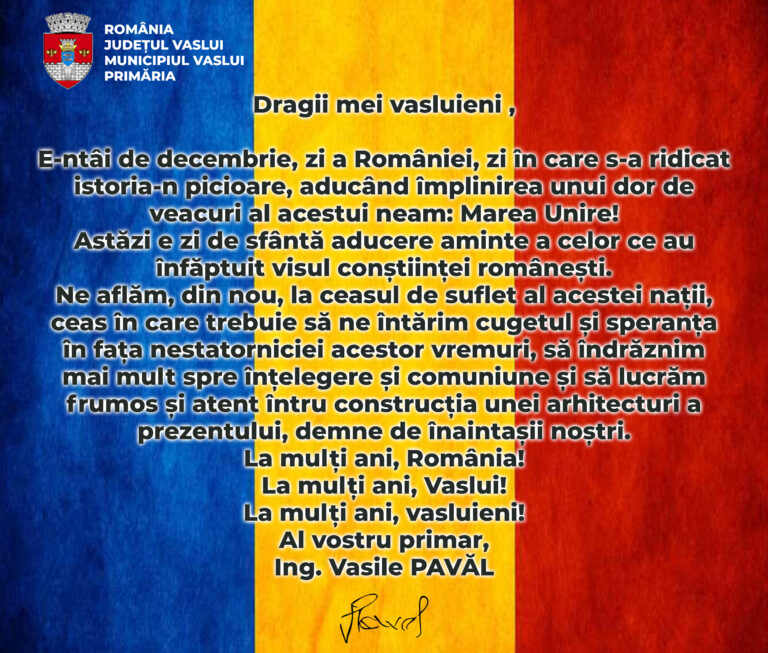 Mesaj Vasile Pavăl, primar Municipiul Vaslui