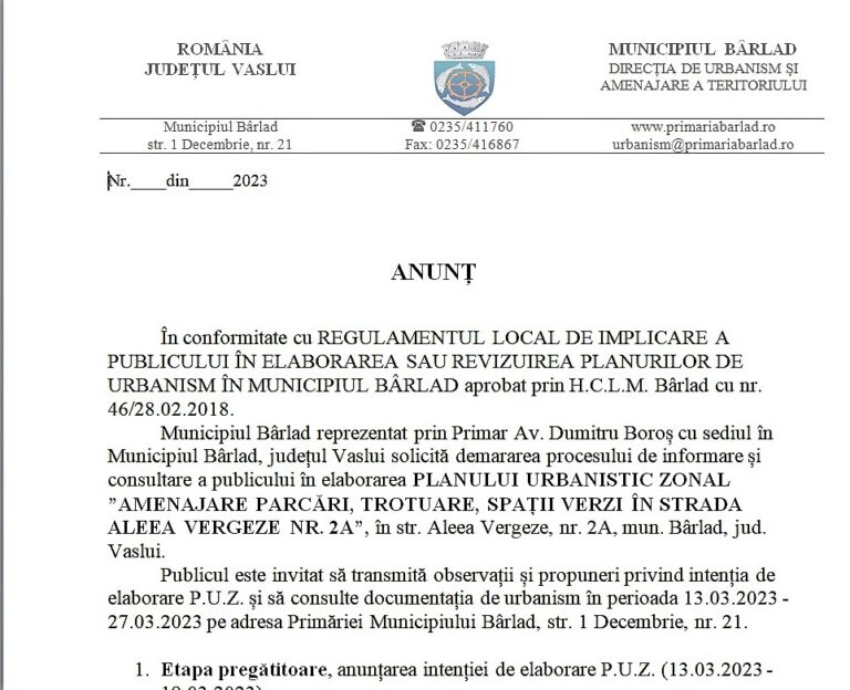 ANUNȚ PRIMĂRIA MUN. BÂRLAD – PUZ ALEEA VERGEZE NR 2A