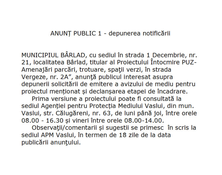 ANUNȚ PUBLIC 1 – depunerea notificării