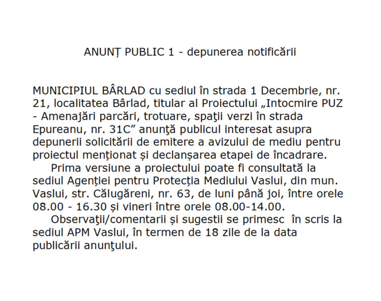 ANUNȚ PUBLIC 1 – depunerea notificării