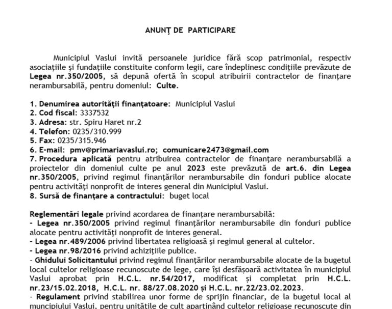 Anunț Primăria Municipiului Vaslui invitație depunere cereri domeniul Culte