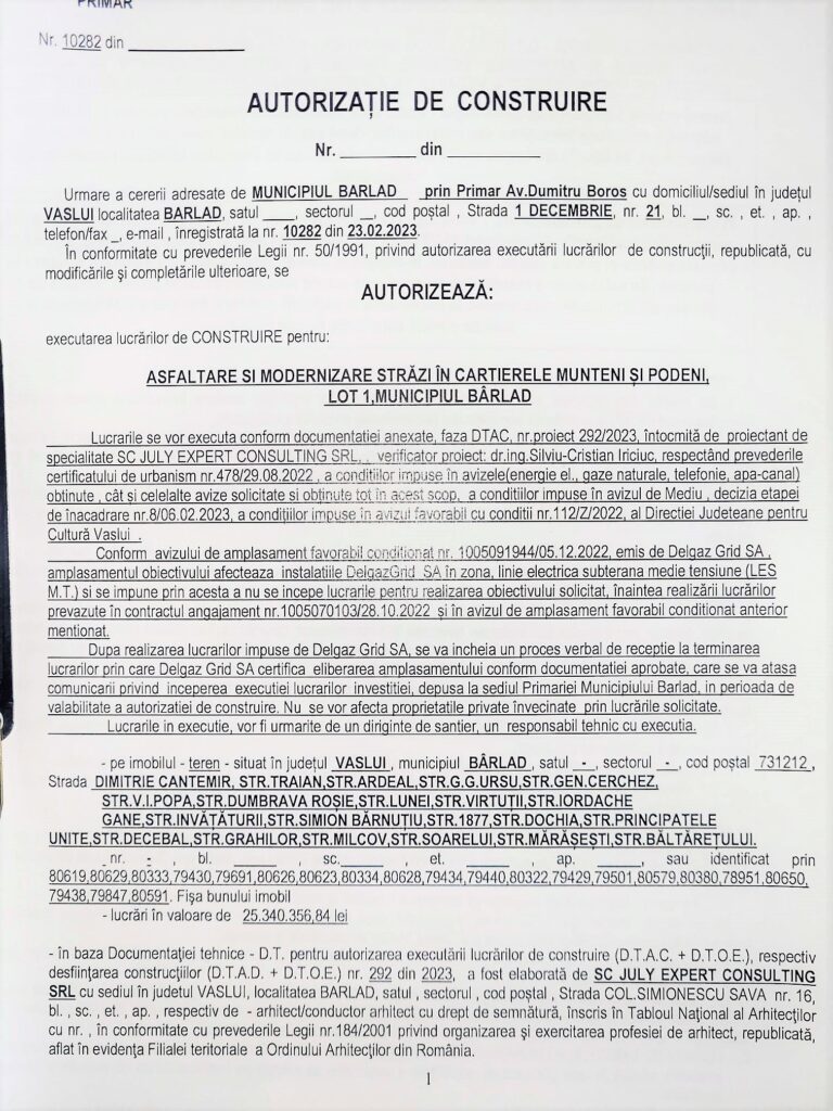 Bârladul are la dispoziție cel mai mare buget pentru dezvoltare, din istoria orașului! ”Prioritățile noastre rămân în continuare educația, sănătatea și infrastructura”, anunță primarul Dumitru Boroș 2 autorizatie constructie barlad july expert 2