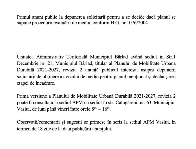 ANUNȚ PUBLIC DE SOLICITARE