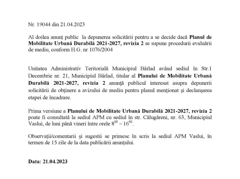 ANUNȚ PUBLIC DE SOLICITARE