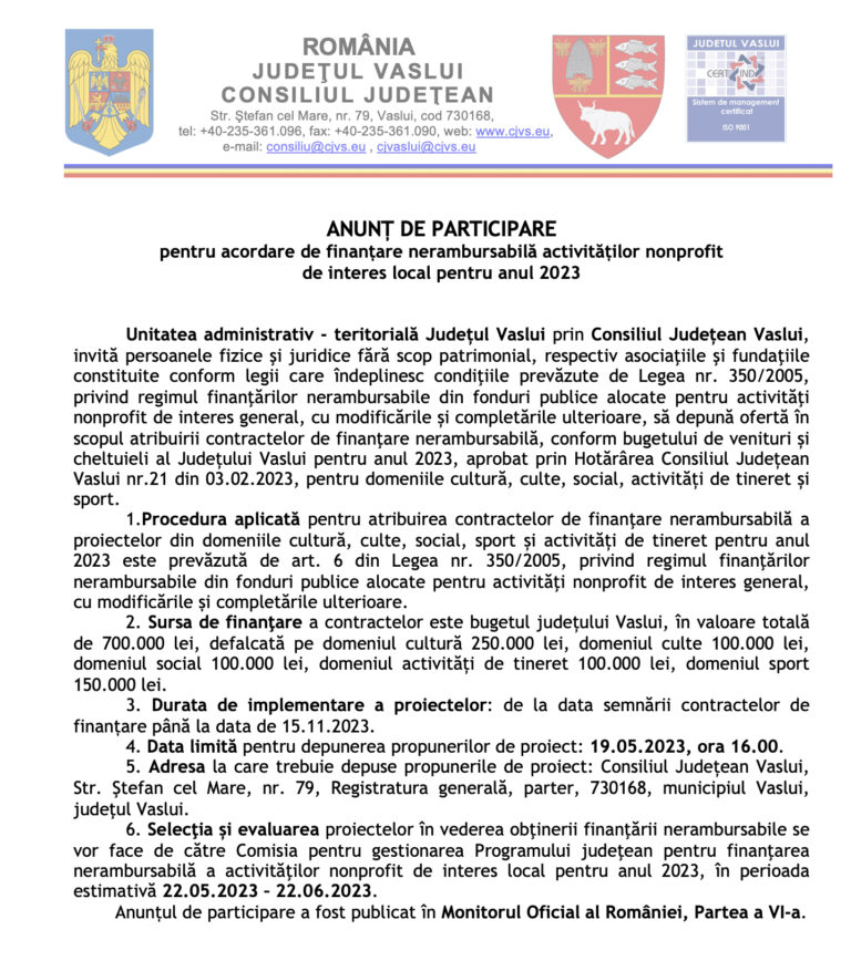 ANUNȚ DE PARTICIPARE PENTRU ACORDARE DE FINANȚARE NERAMBURSABILĂ ACTIVITĂȚILOR NONPROFIT DE INTERES LOCAL PENTRU ANUL 2023