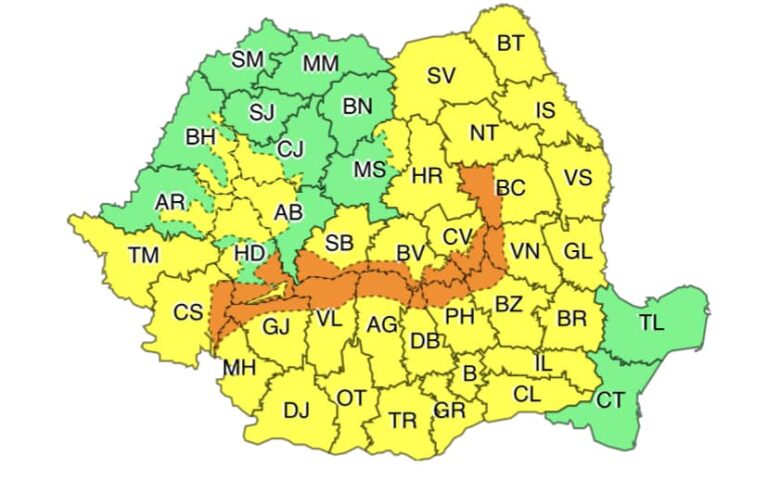 COD GALBEN de ploi însemnate cantitativ și vânt foarte puternic, în județul Vaslui